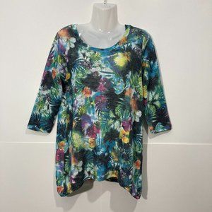 Oli & Sofia Knit Pullover Top Floral Hibiscus Blue Multi 3/4 Sleeve Size M